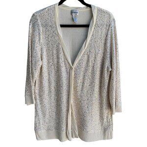Chicos Sequin Embellished V‎ Neck Glam Beige Gold Knit Cardigan Sweater Size 3